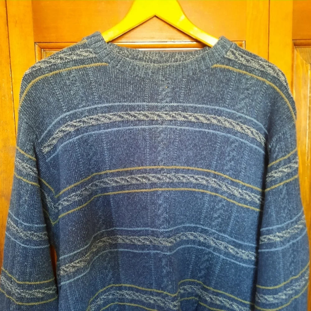 Vintage Haggar Cotton Blend Blue Green Cosby Grandpa Style Knit Sweater Size L